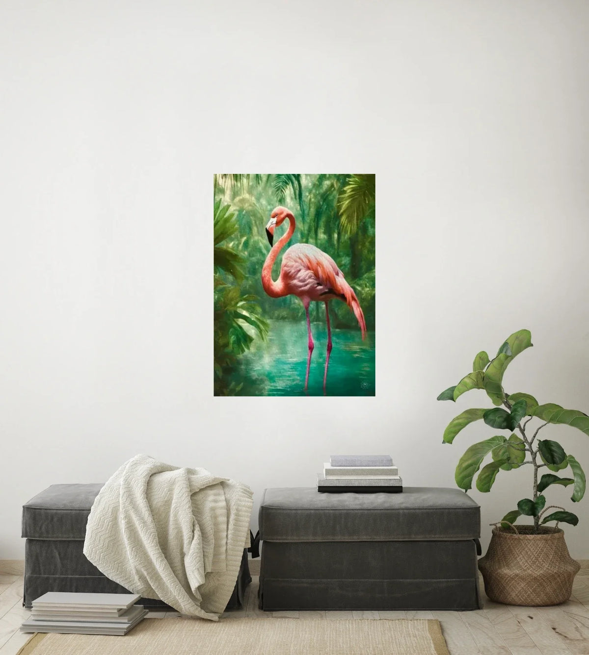 Flora the Flamingo - large 24 x 36 unframed art print shown hanging on a wall