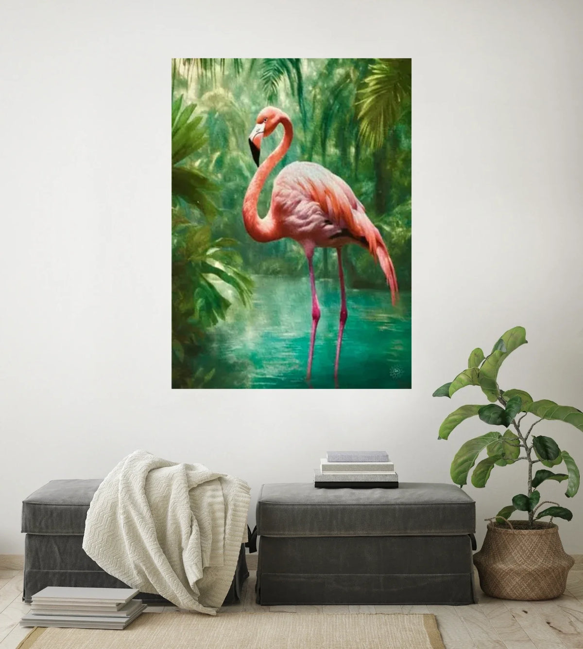 Flora the Flamingo - extra large 36 x 48 unframed art print shown hanging on a wall