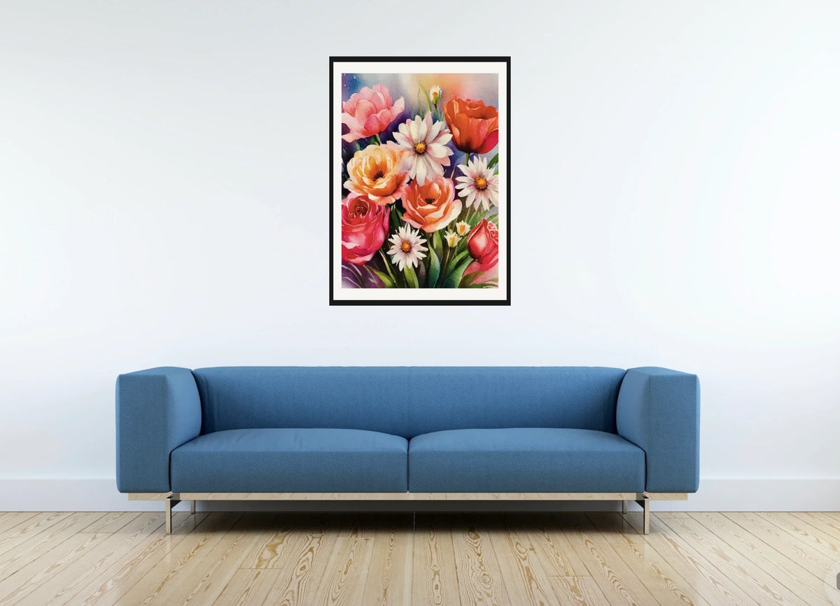 Floral Bouquet - large 24 x 36 matted and framed art print shown hanging on a wall