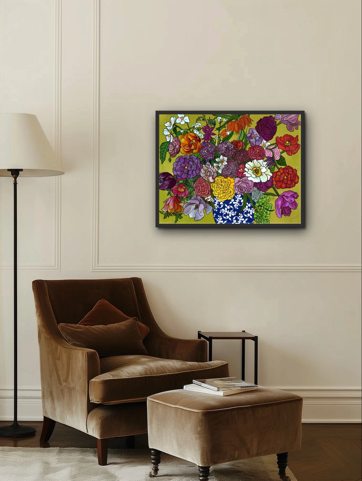 Flower Arrangement - large 24 x 36 framed art print shown hanging on a wall