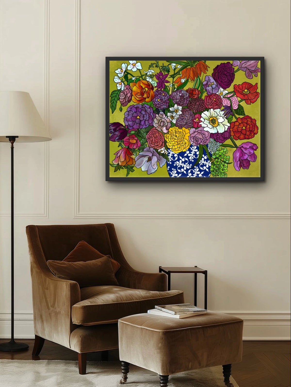 Flower Arrangement - extra large 36 x 48 framed art print shown hanging on a wall