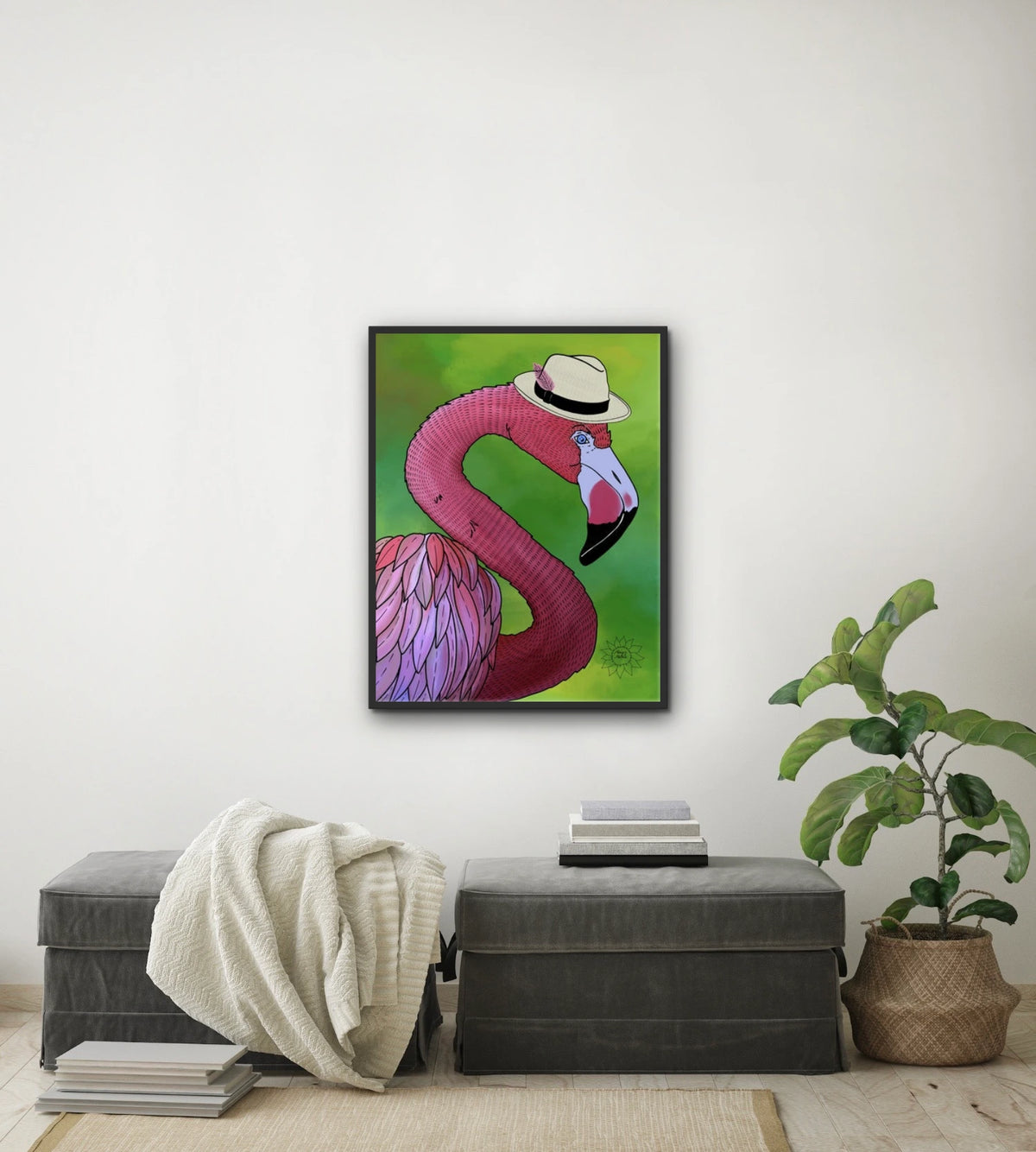 Floyd The Flamingo - large 24 x 36 framed art print shown hanging on a wall