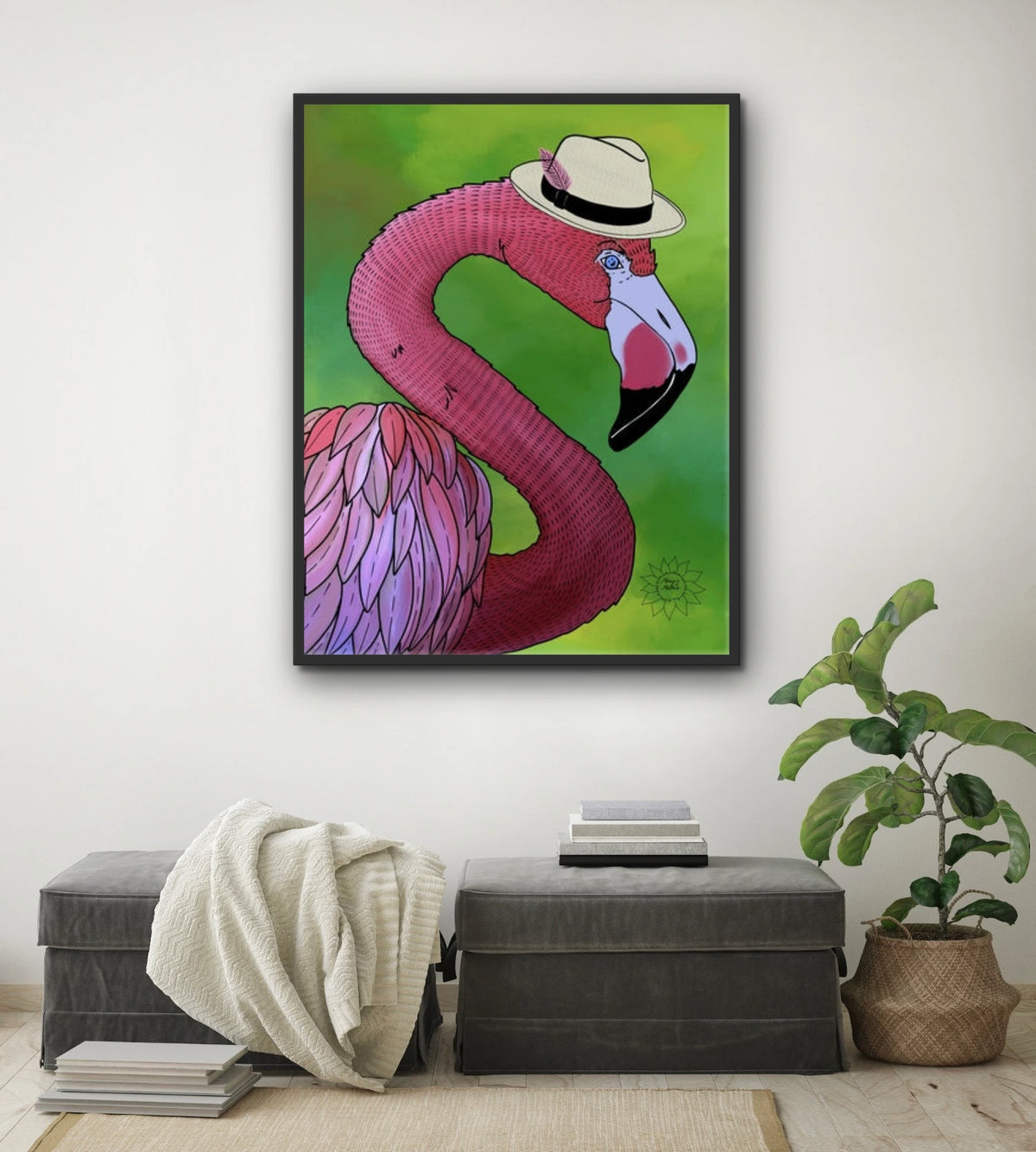 Floyd The Flamingo - extra large 36 x 48 framed art print shown hanging on a wall