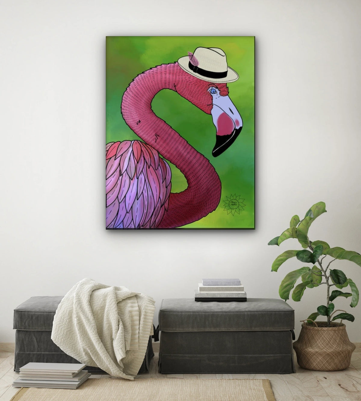 Floyd The Flamingo - extra large 36 x 48 unframed art print shown hanging on a wall