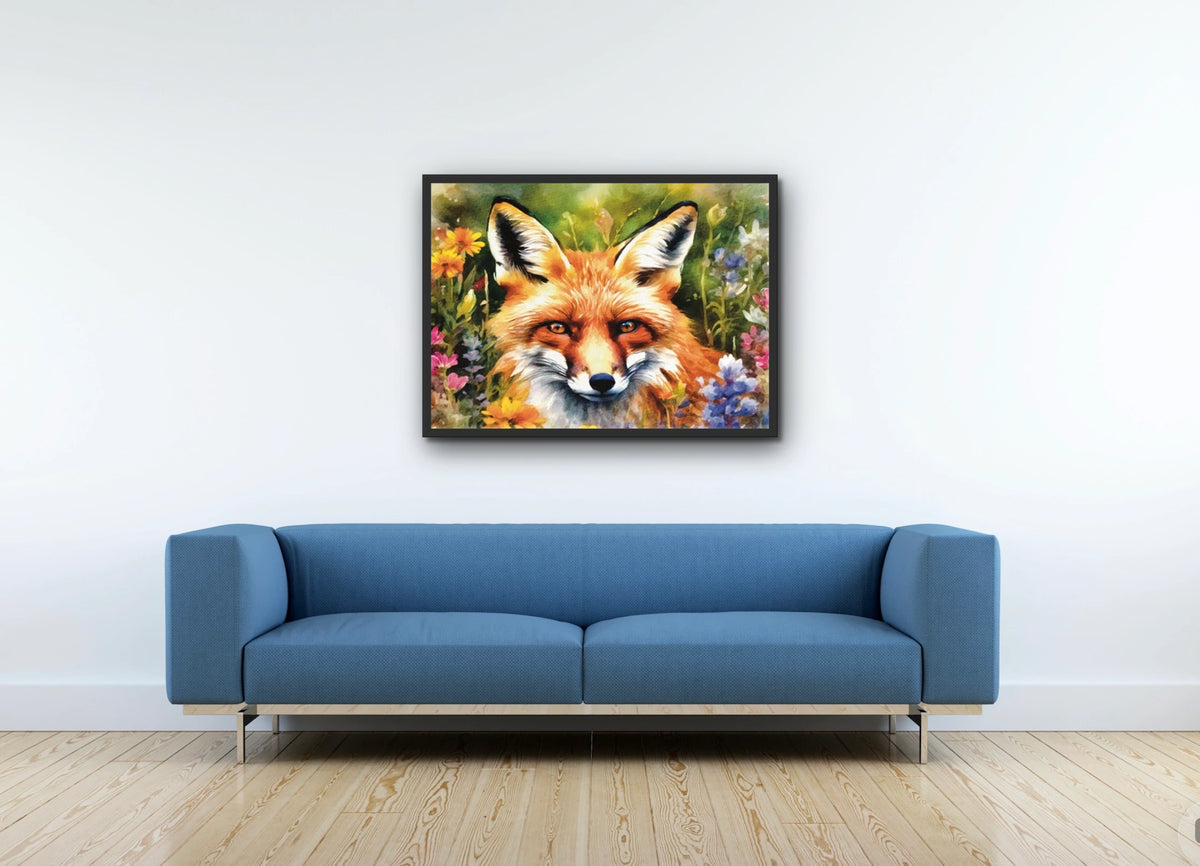 Fox Among Wildflowers - large 24 x 36 framed art print shown hanging on a wall