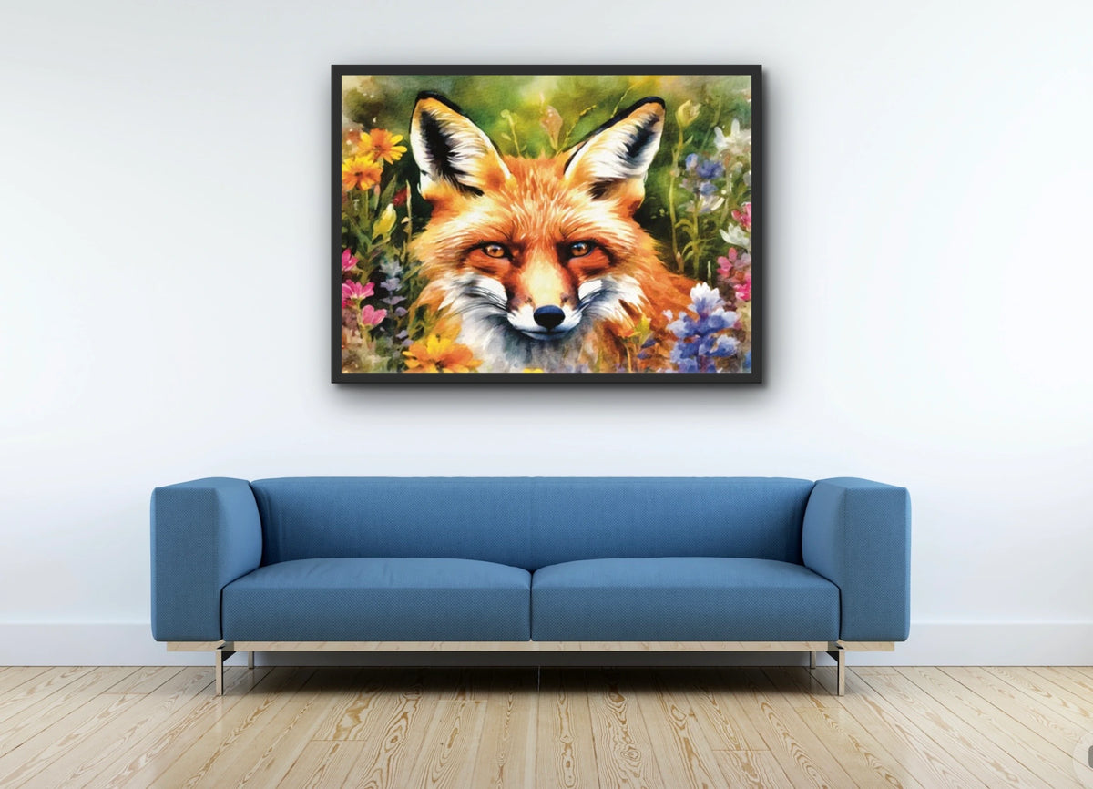 Fox Among Wildflowers - extra large 36 x 48 framed art print shown hanging on a wall