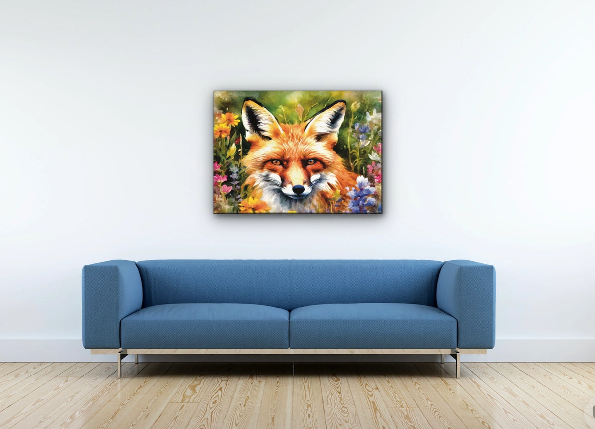 Fox Among Wildflowers - large 24 x 36 unframed art print shown hanging on a wall