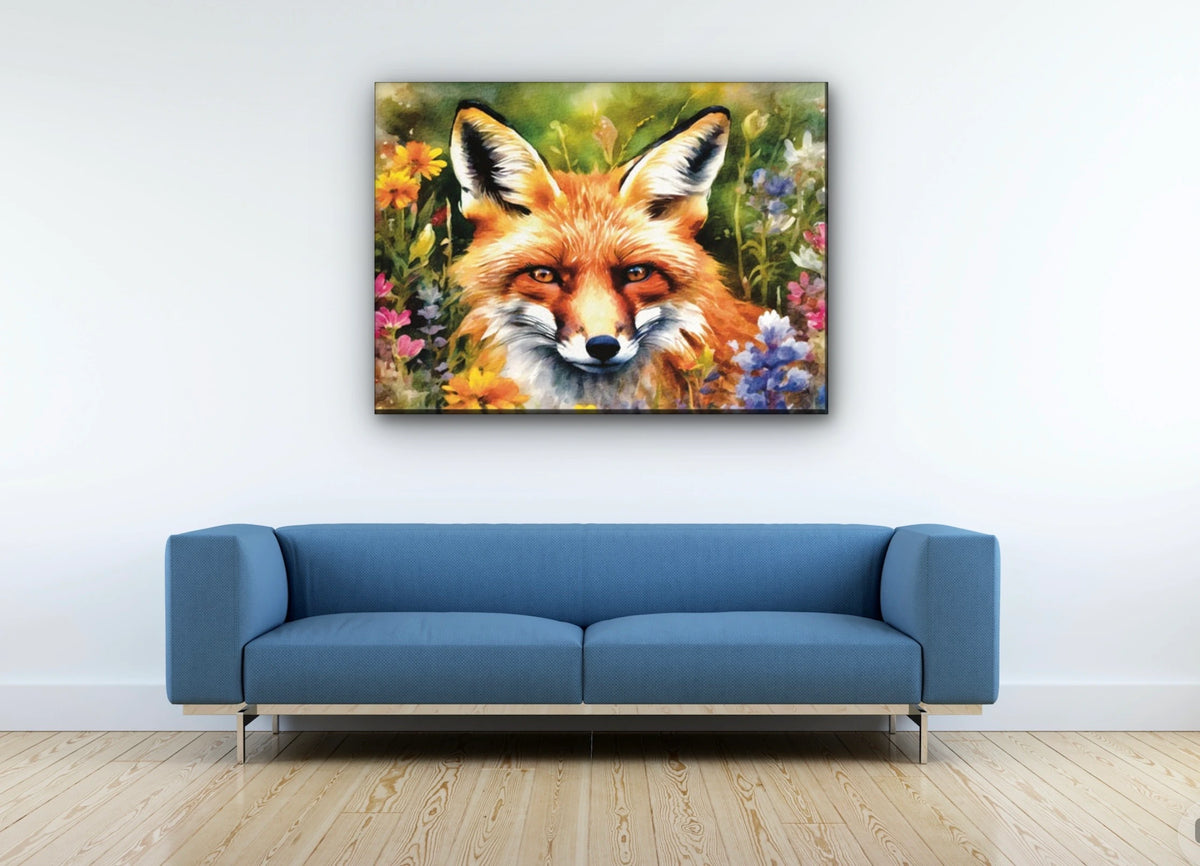 Fox Among Wildflowers - extra large 36 x 48 unframed art print shown hanging on a wall