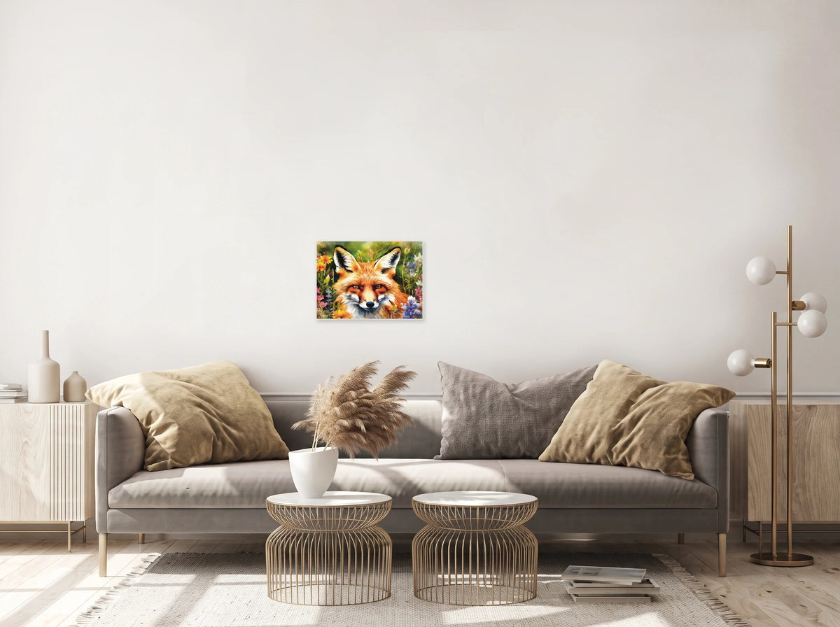 This is a medium 12 x 16 unframed watercolor art print of a red fox looking out from a bank of wildflowers. Created by professional artists, this high-quality watercolor print on textured matte paper adds a touch of character to any home or office decor.