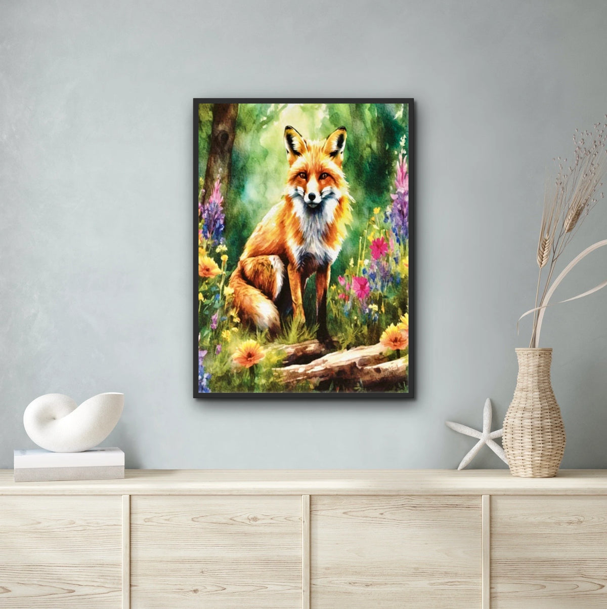 Fox in Forest - extra large 36 x 48 framed art print shown hanging on a wall