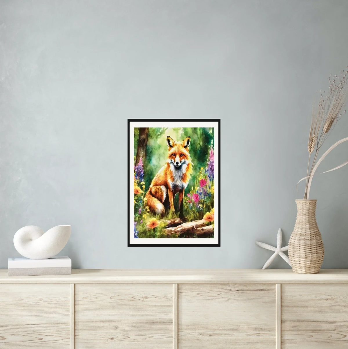 Fox in Forest - large 24 x 36 matted and framed art print shown hanging on a wall