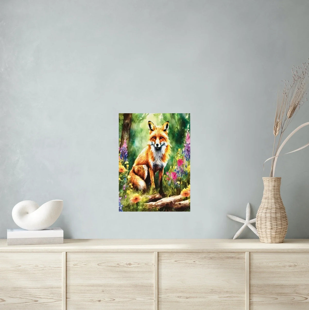 Fox in Forest - large 24 x 36 unframed art print shown hanging on a wall
