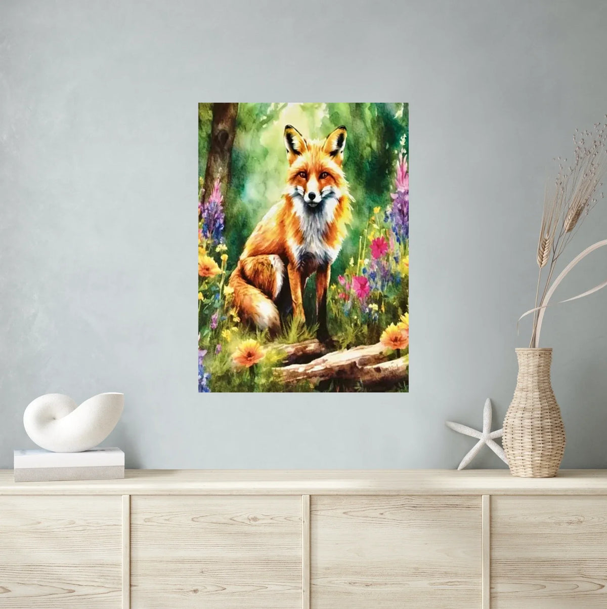 Fox in Forest - extra large 36 x 48 unframed art print shown hanging on a wall