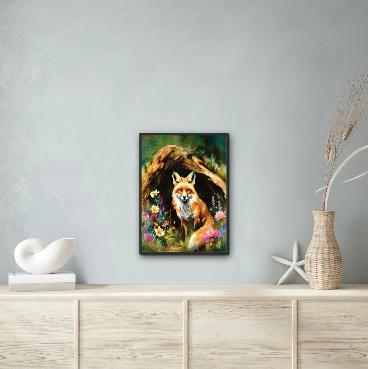 Fox in Log - large 24 x 36 framed art print shown hanging on a wall