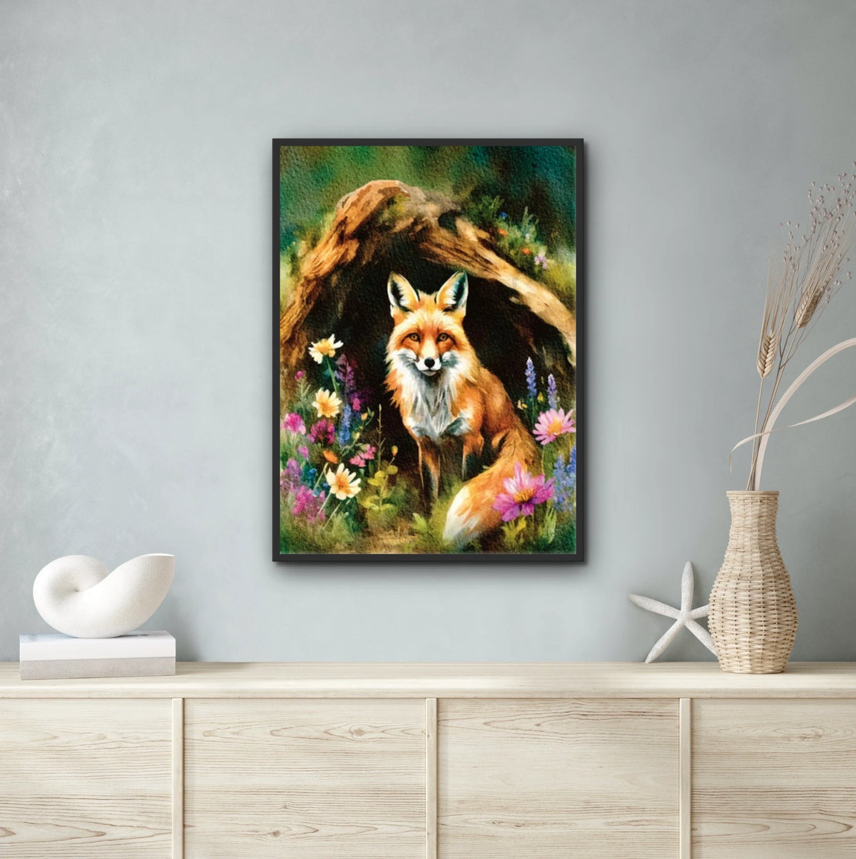 Fox in Log - extra large 36 x 48 framed art print shown hanging on a wall