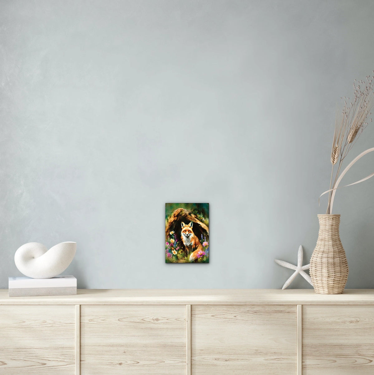 Fox in Log - medium 12 x 16 unframed art print shown hanging on a wall