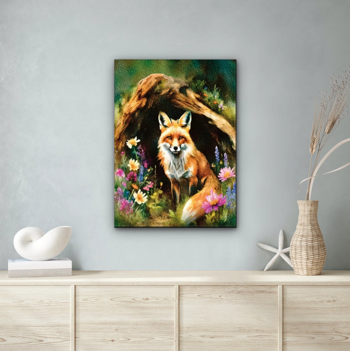 Fox in Log - extra large 36 x 48 unframed art print shown hanging on a wall
