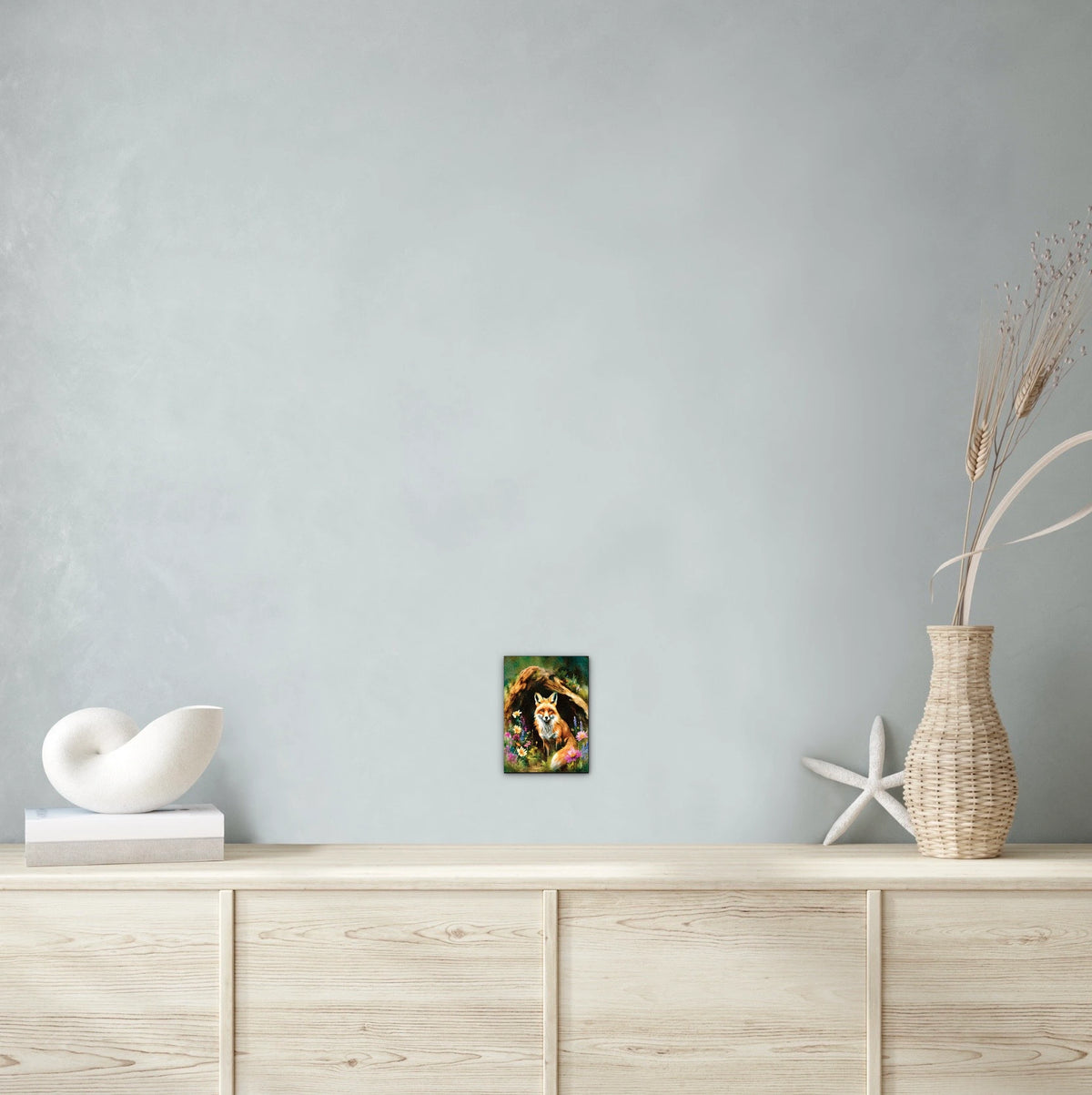 Fox in Log - small 8 x 10 unframed art print shown hanging on a wall