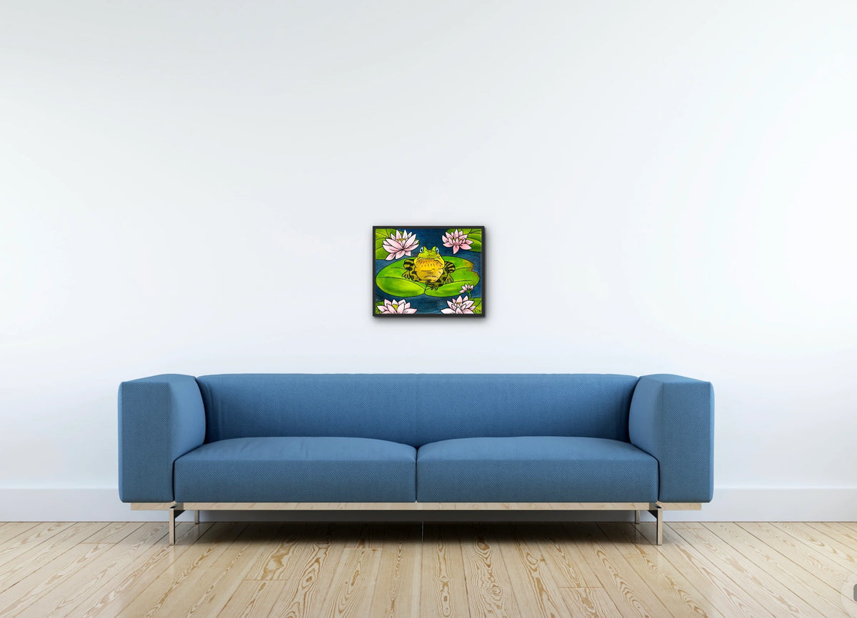 Fredrick the Bullfrog - medium 12 x 16 framed art print shown hanging on a wall