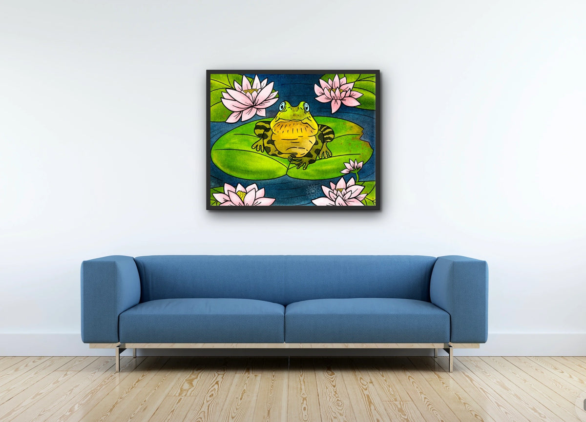 Fredrick the Bullfrog - large 24 x 36 framed art print shown hanging on a wall