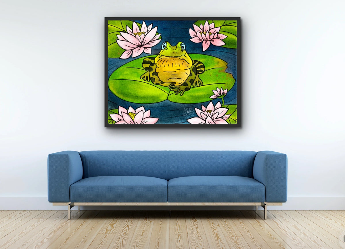 Fredrick the Bullfrog - extra large 36 x 48 framed art print shown hanging on a wall