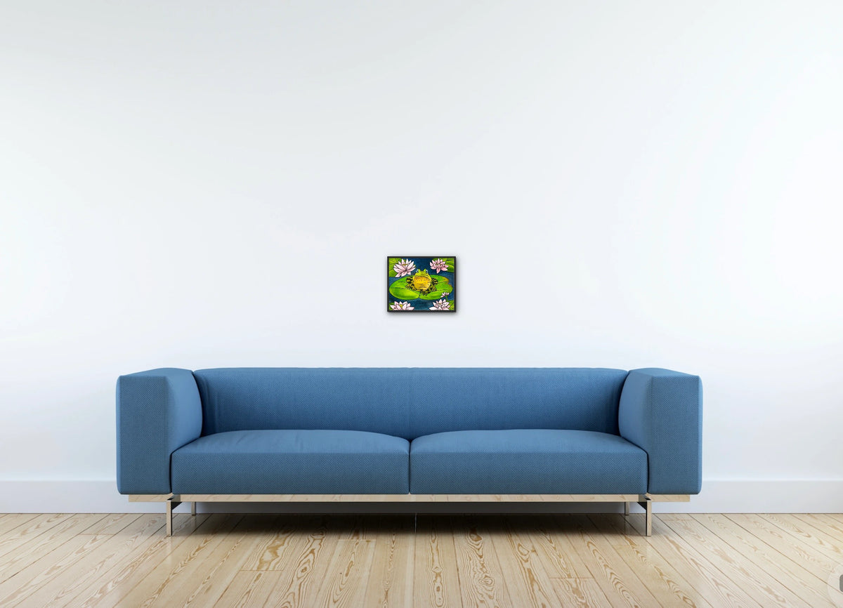 Fredrick the Bullfrog - small 8 x 10 framed art print shown hanging on a wall