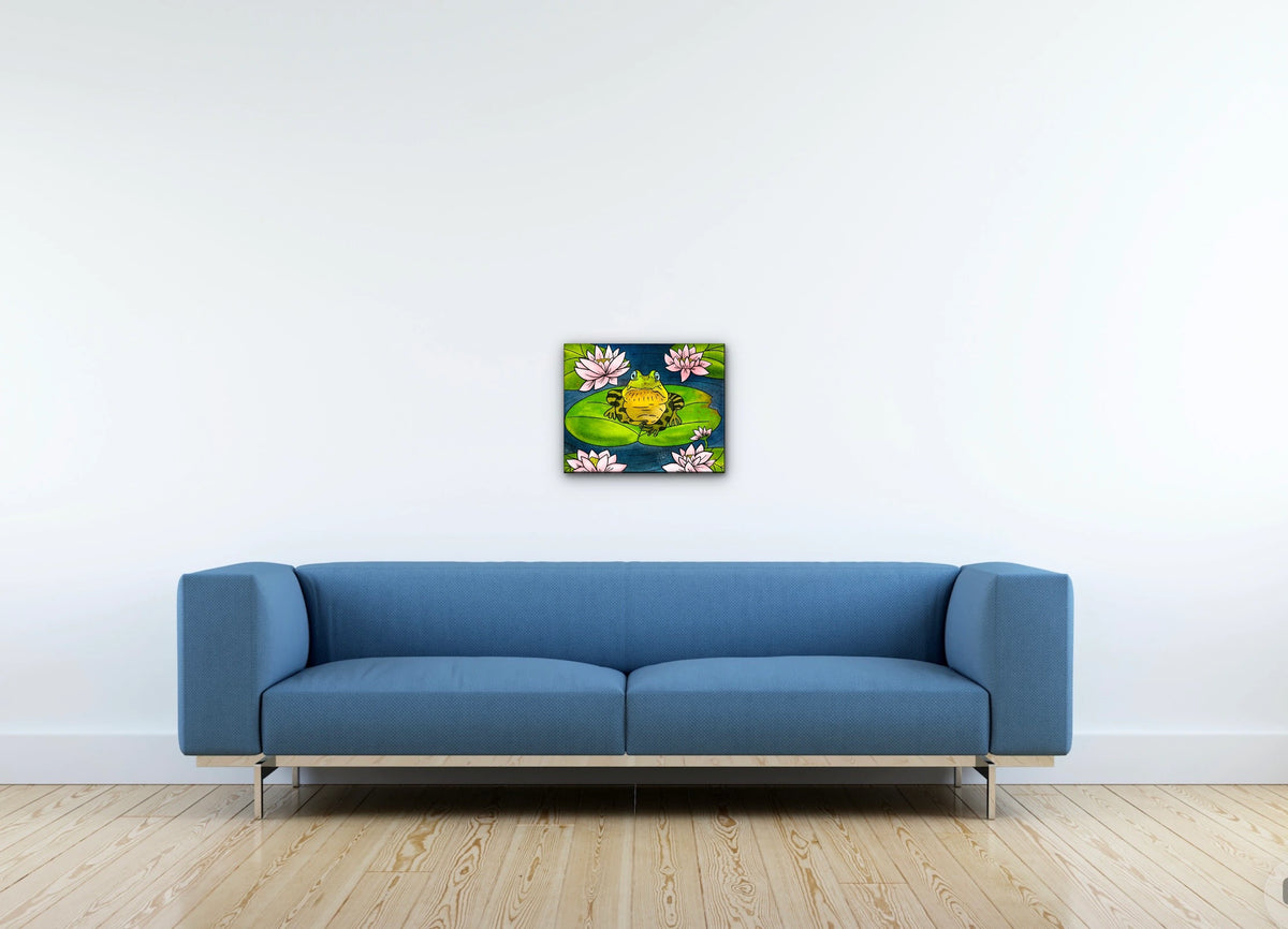 Fredrick the Bullfrog - medium 12 x 16 unframed art print shown hanging on a wall