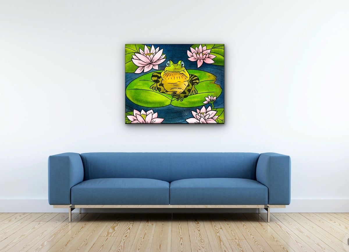 Fredrick the Bullfrog - large 24 x 36 unframed art print shown hanging on a wall