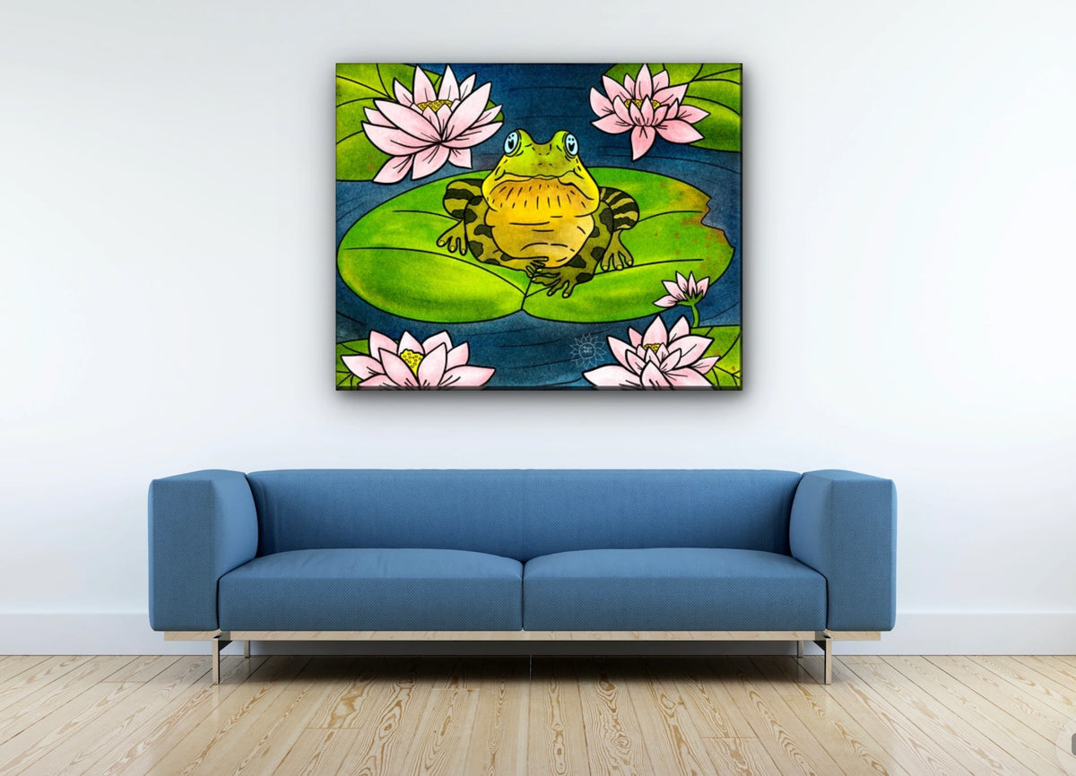 Fredrick the Bullfrog - extra large 36 x 48 unframed art print shown hanging on a wall