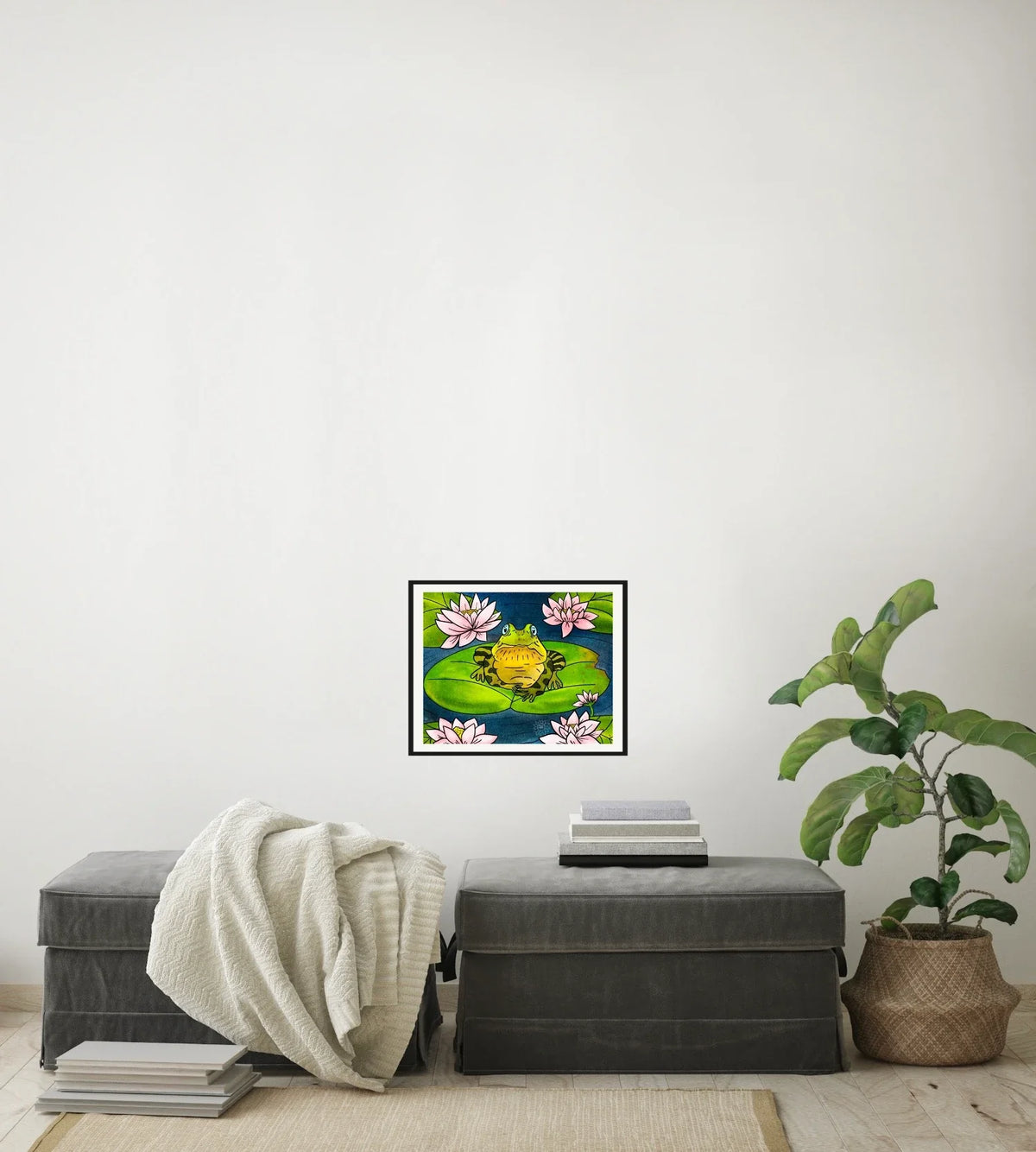 Fredrick the Bullfrog - medium 12 x 16 matted and framed art print shown hanging on a wall
