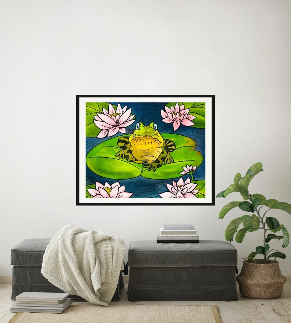 Fredrick the Bullfrog - large 24 x 36 matted and framed art print shown hanging on a wall
