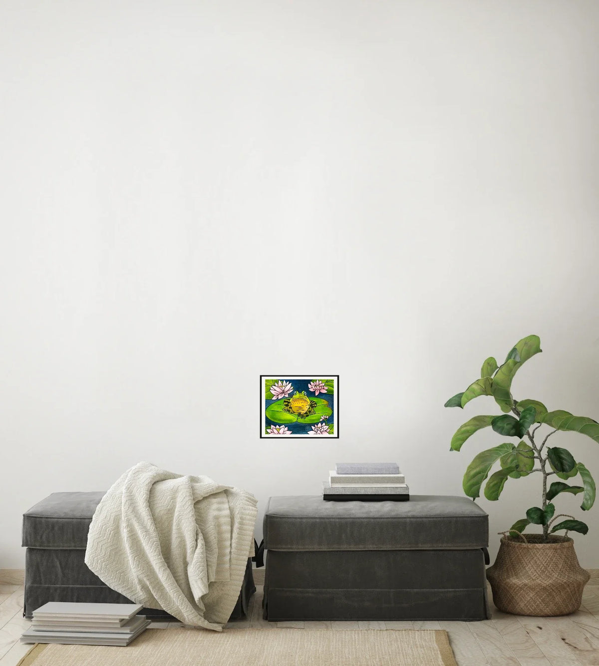 Fredrick the Bullfrog - small 8 x 10 matted and framed art print shown hanging on a wall