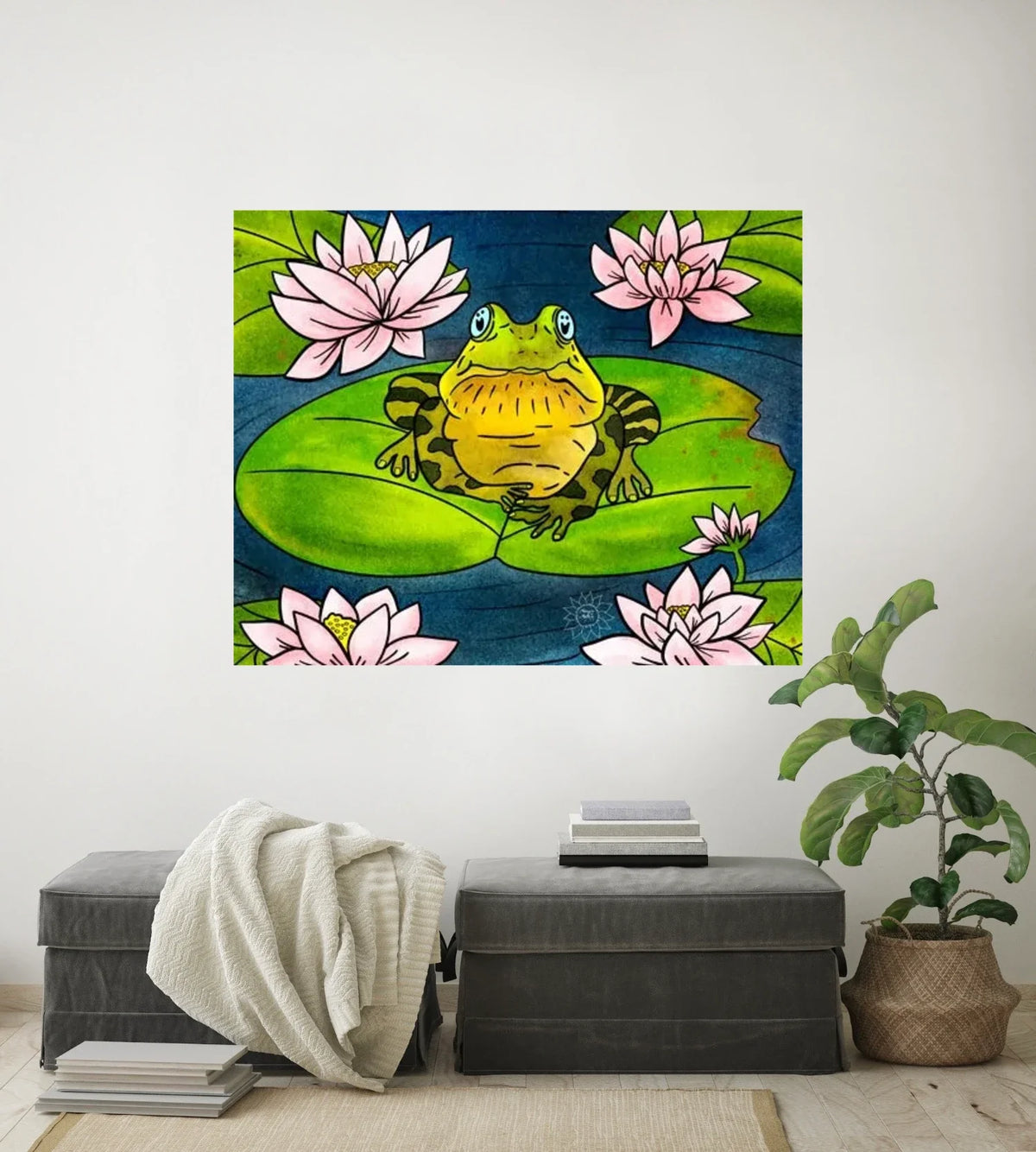 Fredrick the Bullfrog - extra large 36 x 48 unframed art print shown hanging on a wall
