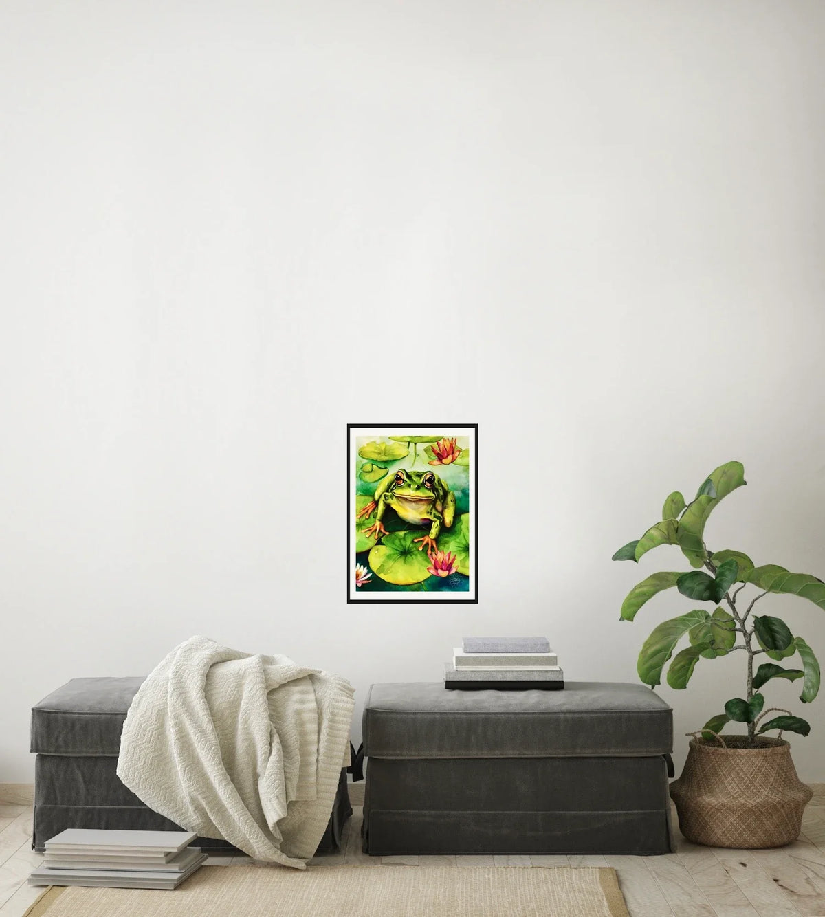 Frog Sitting on a Lily Pad - medium 12 x 16 matted and framed art print shown hanging on a wall