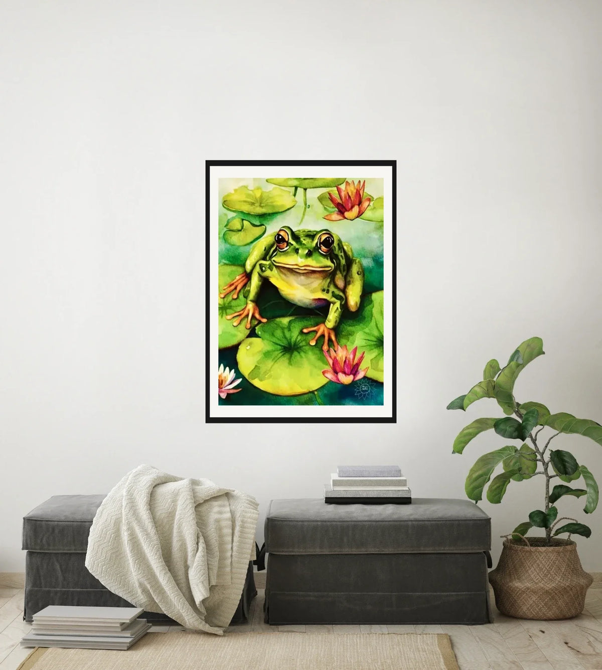 Frog Sitting on a Lily Pad - large 24 x 36 matted and framed art print shown hanging on a wall
