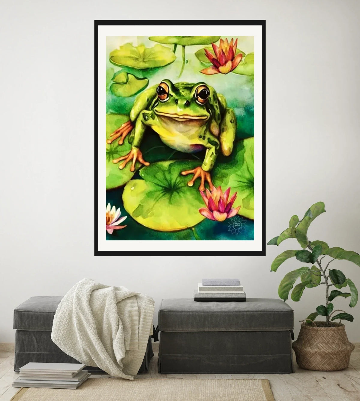 Frog Sitting on a Lily Pad - extra large 36 x 48 matted and framed art print shown hanging on a wall