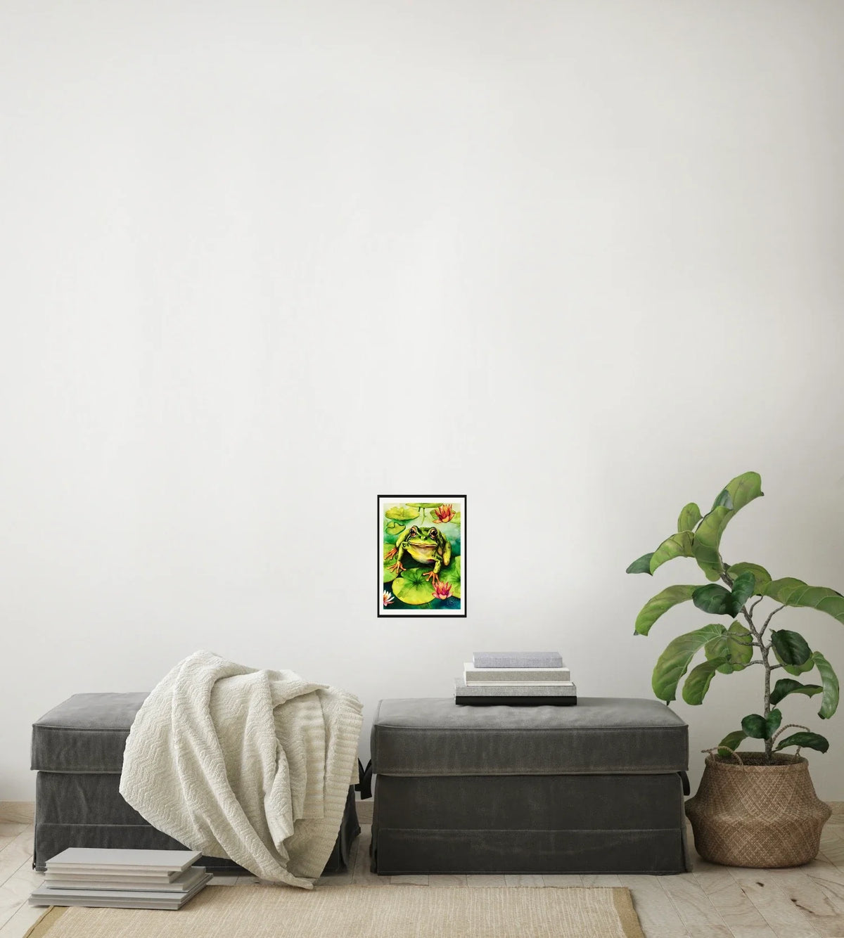 Frog Sitting on a Lily Pad - small 8 x 10 matted and framed art print shown hanging on a wall