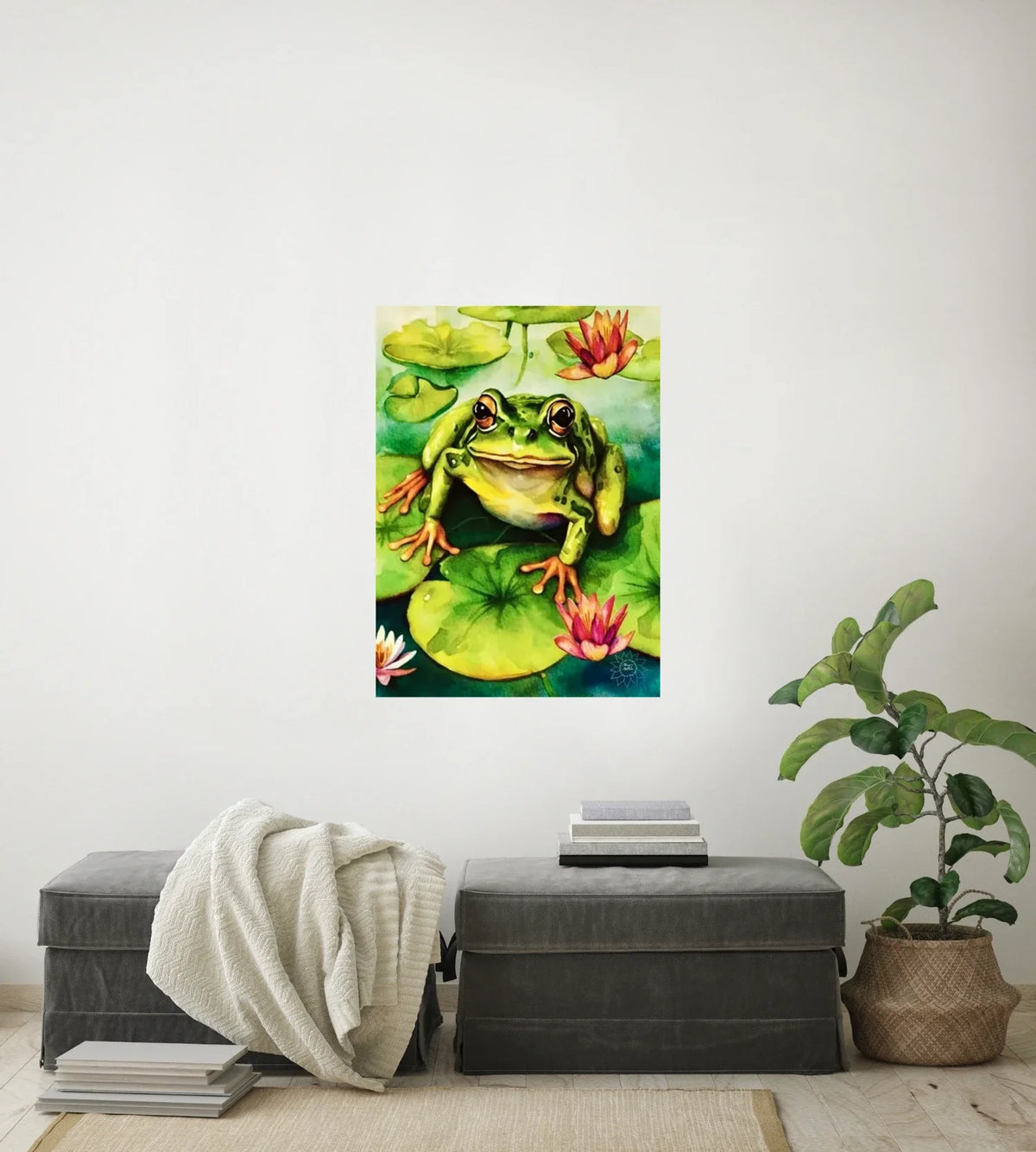 Frog Sitting on a Lily Pad - large 24 x 36 unframed art print shown hanging on a wall