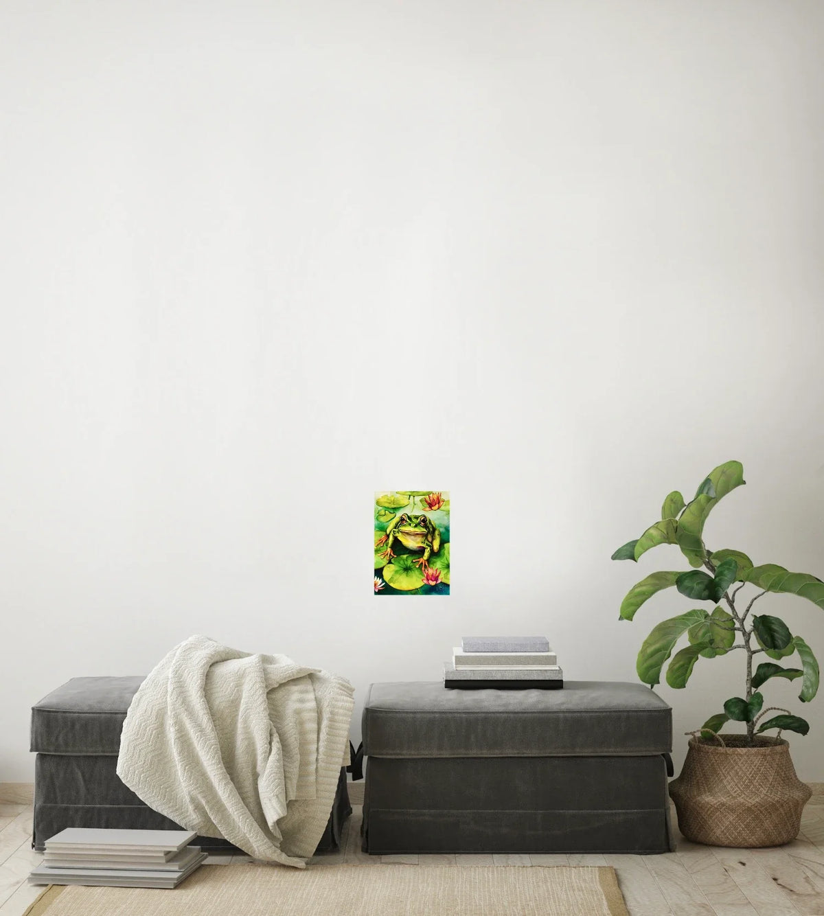 Frog Sitting on a Lily Pad - small 8 x 10 unframed art print shown hanging on a wall
