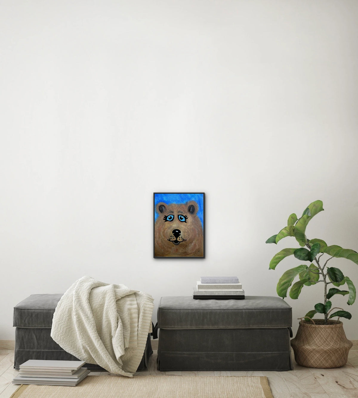 Fuzzy The Bear - medium 12 x 16 framed art print shown hanging on a wall