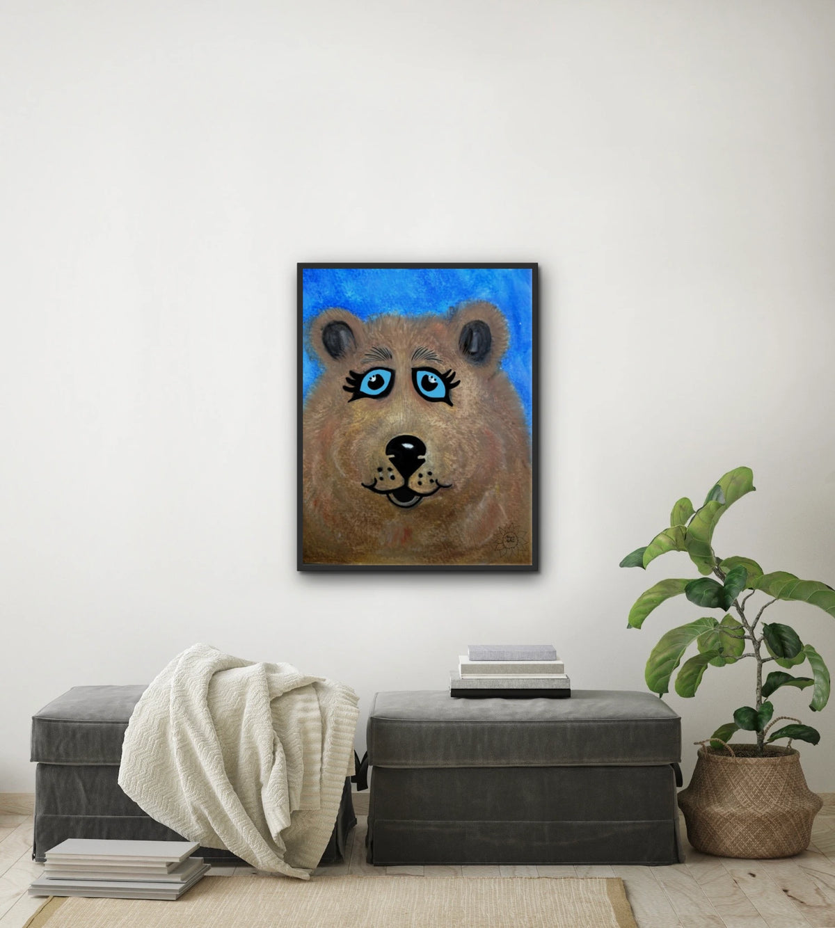 Fuzzy The Bear - large 24 x 36 framed art print shown hanging on a wall
