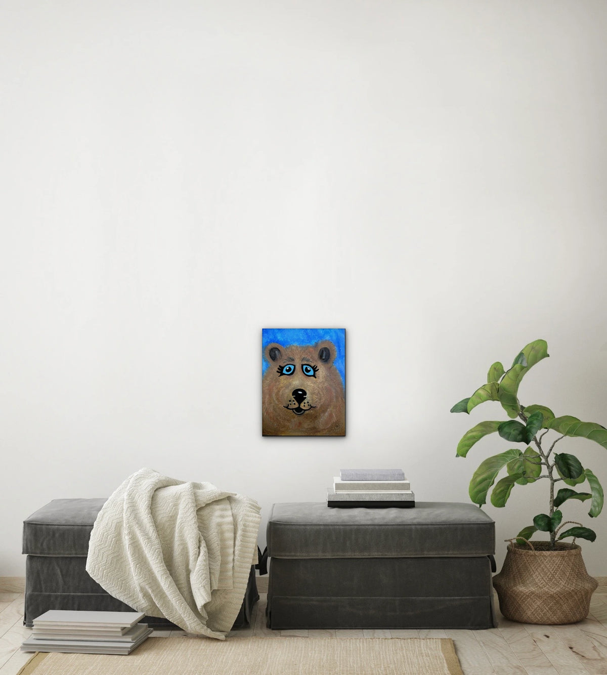 Fuzzy The Bear - medium 12 x 16 unframed art print shown hanging on a wall