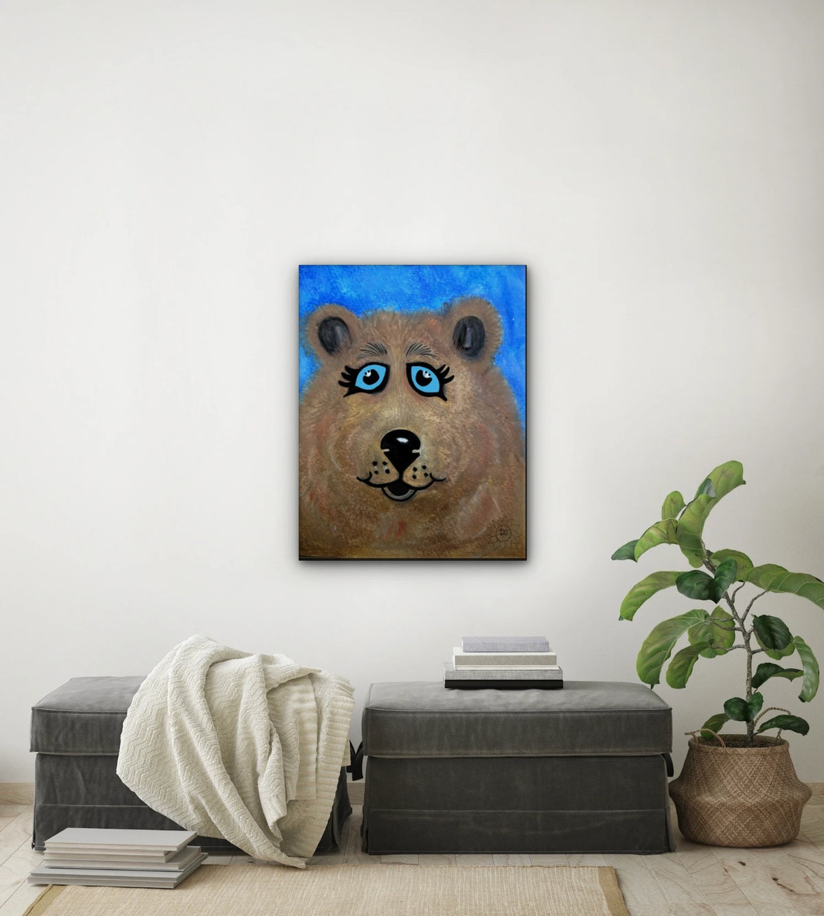 Fuzzy The Bear - large 24 x 36 unframed art print shown hanging on a wall