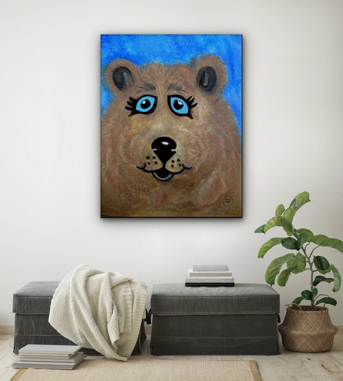 Fuzzy The Bear - extra large 36 x 48 unframed art print shown hanging on a wall