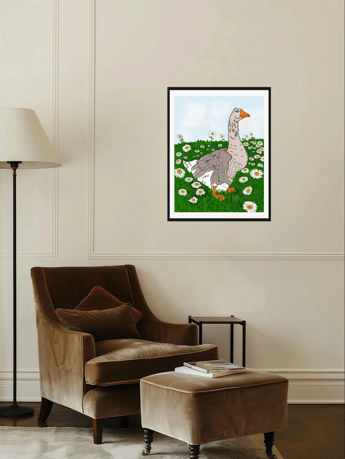 Gabi Goose - large 24 x 36 matted and framed art print shown hanging on a wall