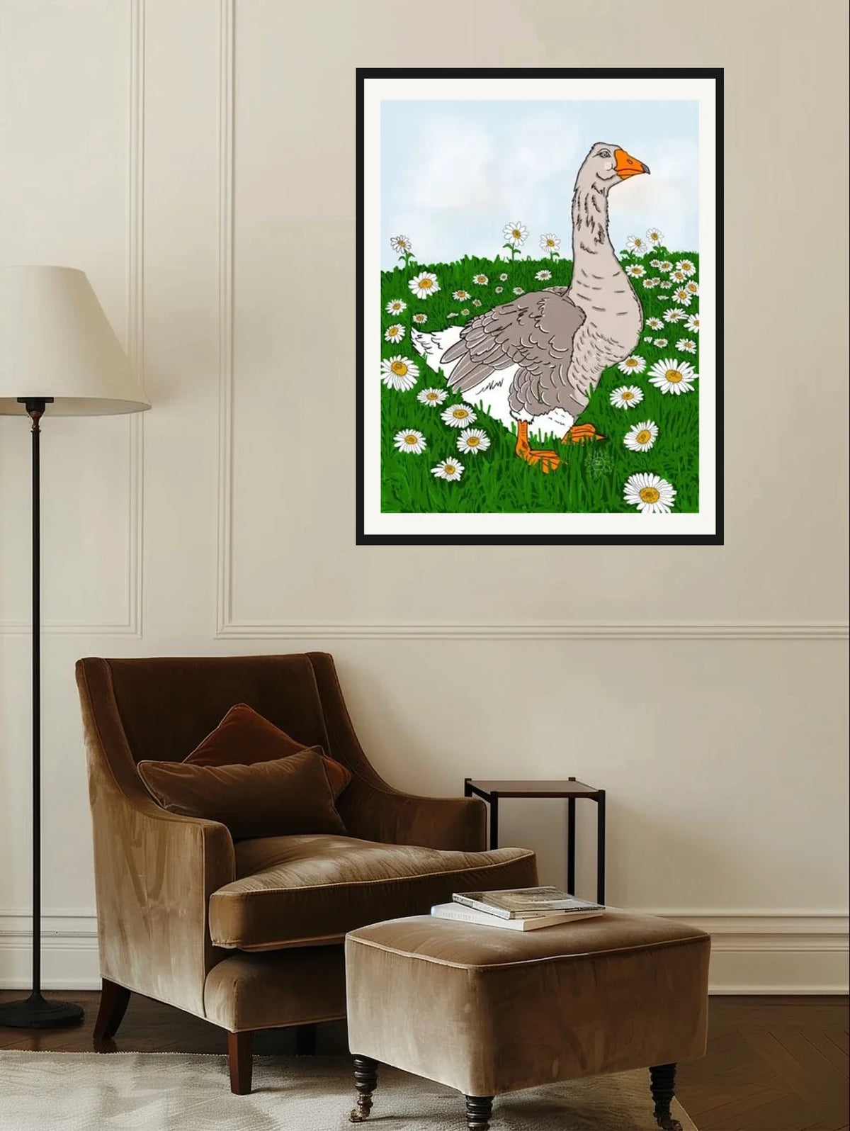 Gabi Goose - extra large 36 x 48 matted and framed art print shown hanging on a wall