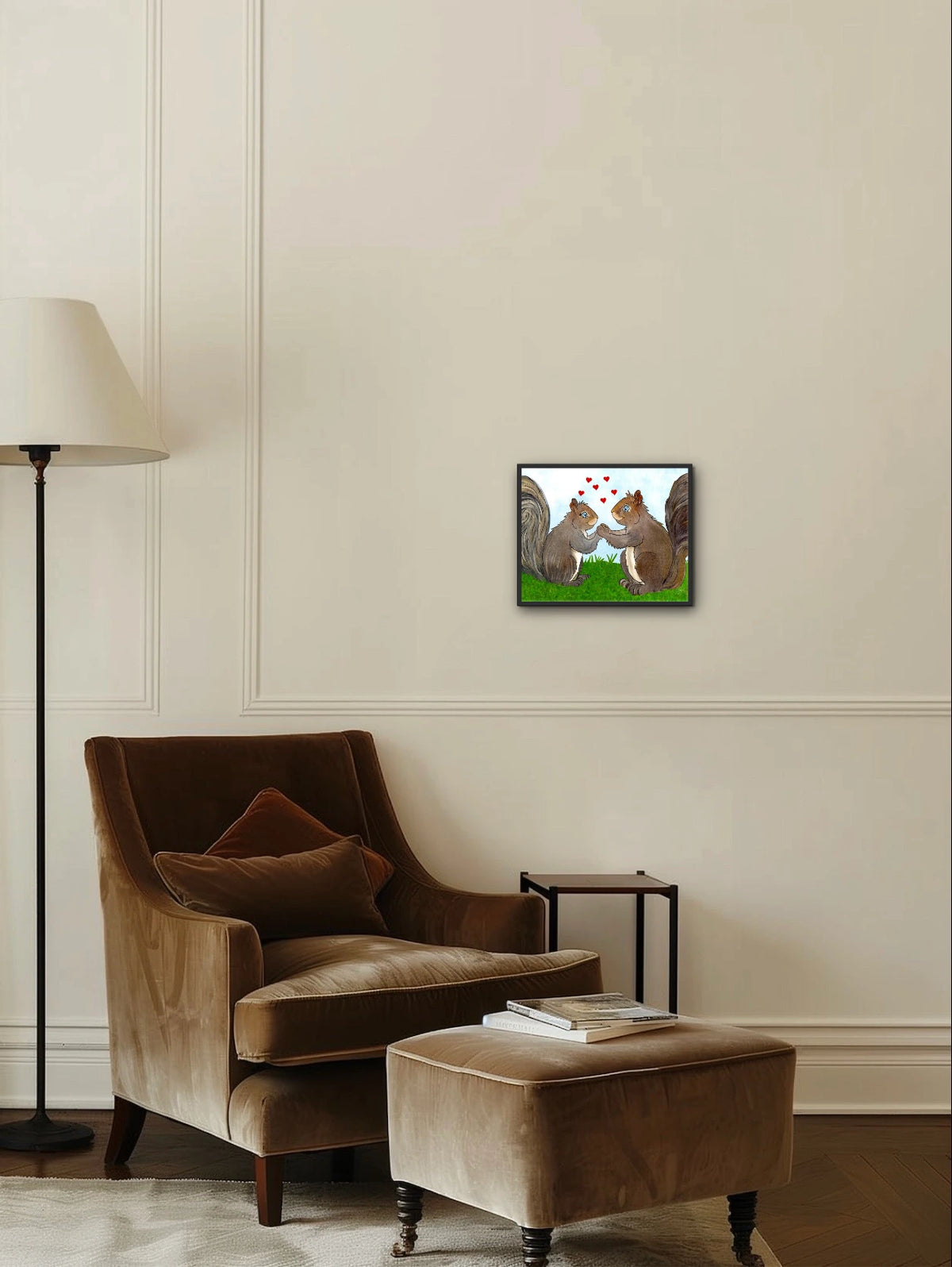Gemma and West Squirrel - medium 12 x 16 framed art print shown hanging on a wall