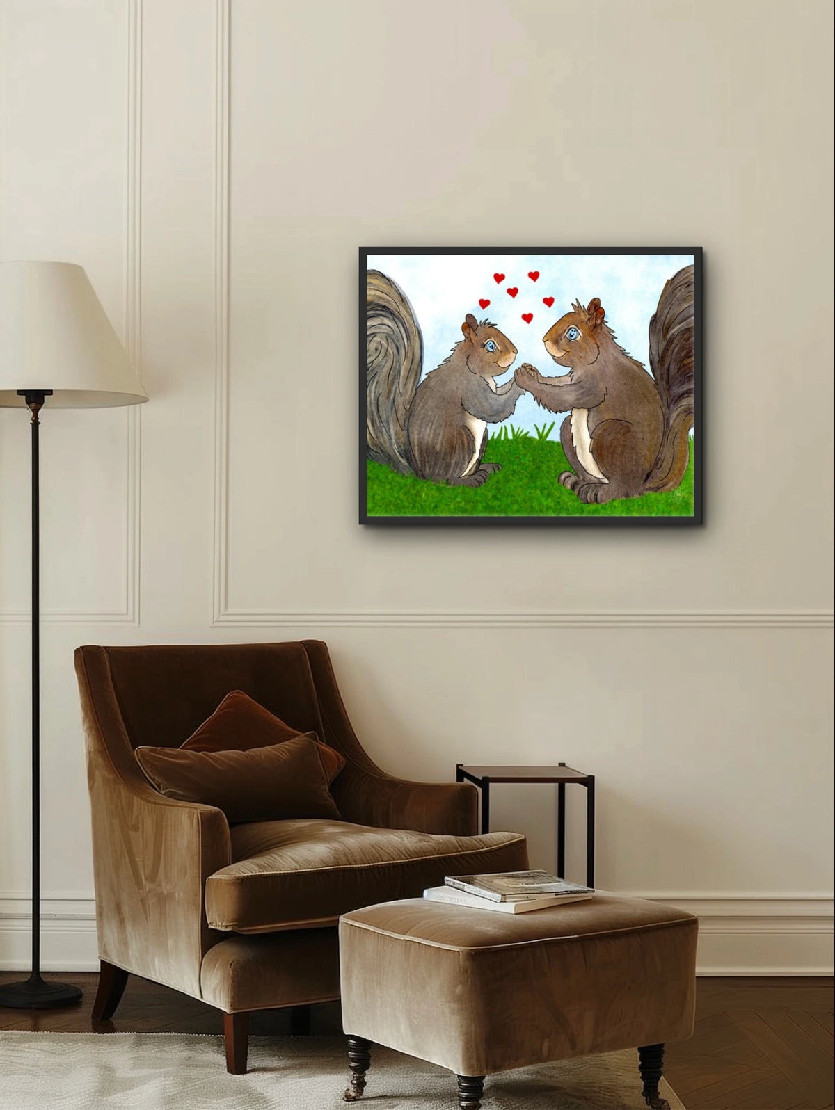 Gemma and West Squirrel - large 24 x 36 framed art print shown hanging on a wall