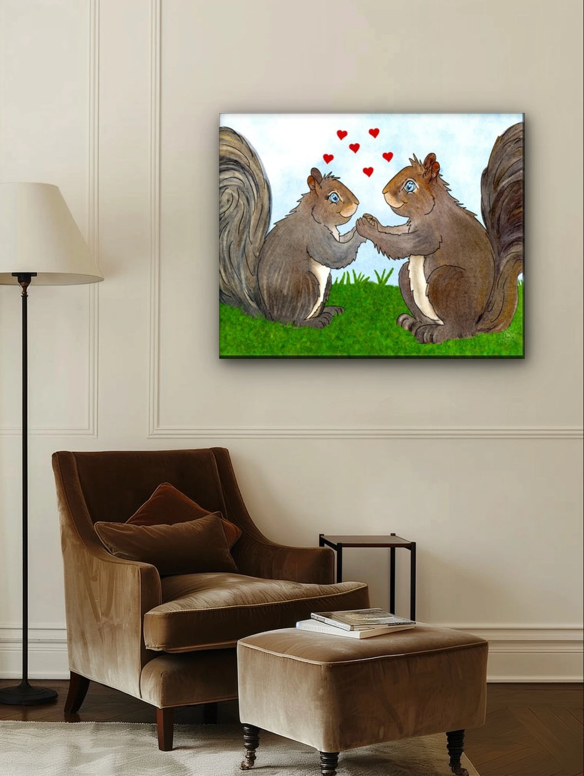 Gemma and West Squirrel - extra large 36 x 48 unframed art print shown hanging on a wall