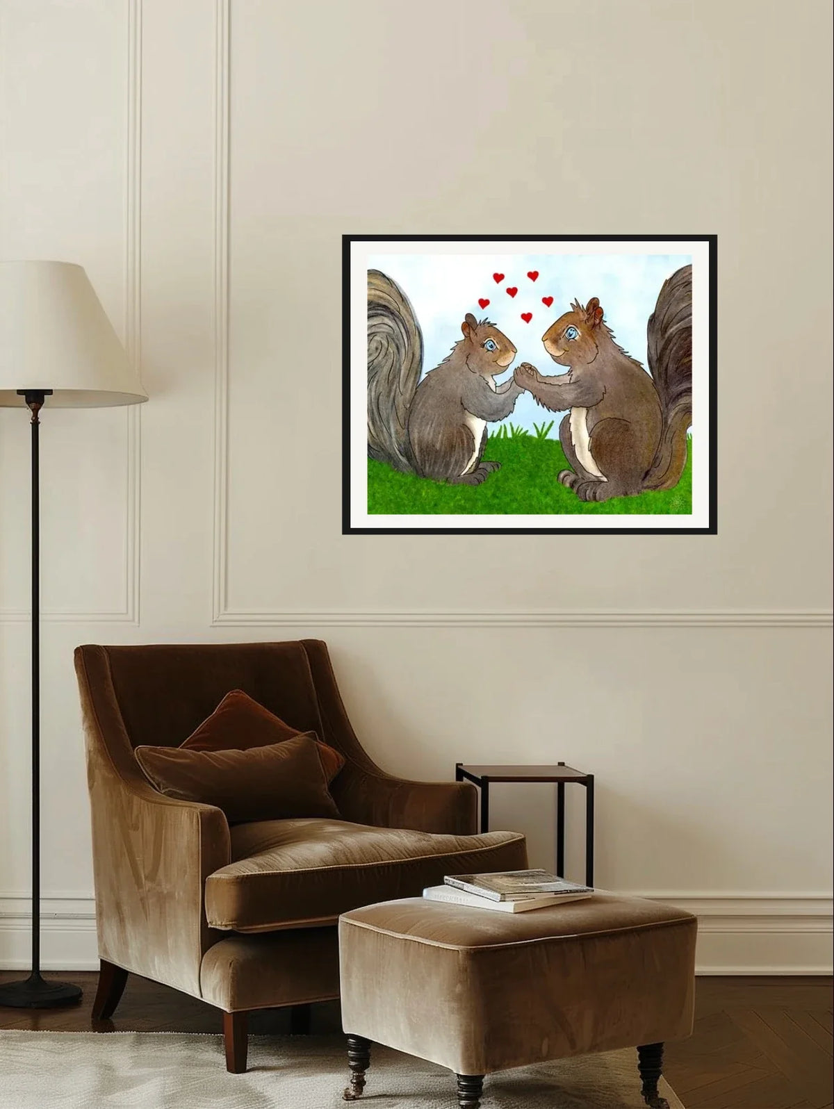 Gemma and West Squirrel - large 24 x 36 matted and framed art print shown hanging on a wall